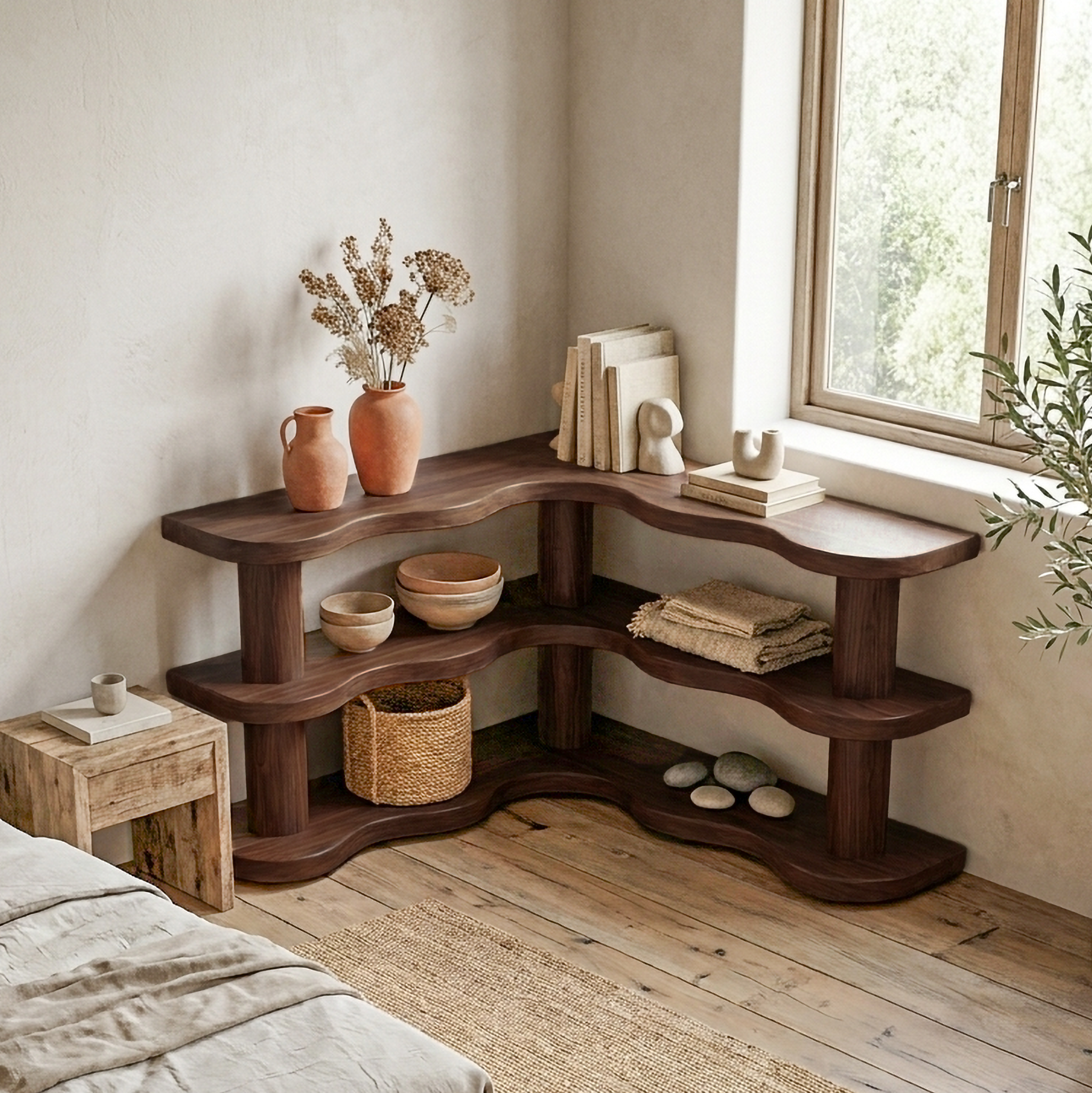 Rustic Modern Corner Bookshelf With Multi Tier Wooden Shelves For Living Room And Bedroom