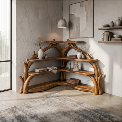 Sculptural Corner Bookcase With Natural Branch Design For Living Room