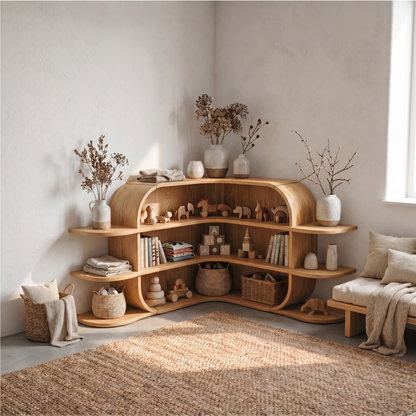 Scandinavian Arched Corner Bookshelf With Multi Tier Open Shelves For Living Room And Bedroom
