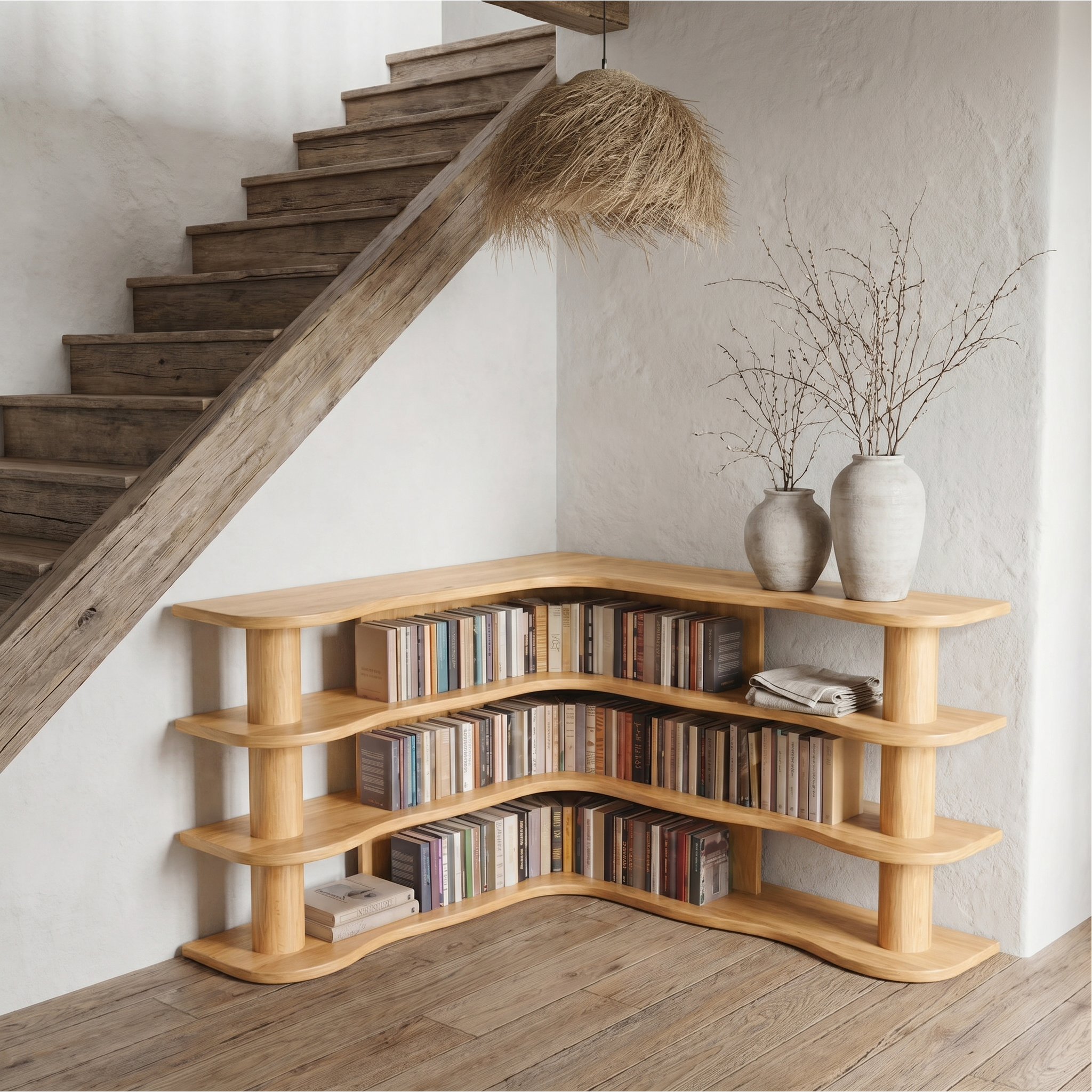 Scandinavian Corner Bookshelf With Rounded Multi Tier Wooden Shelves For Living Room And Bedroom