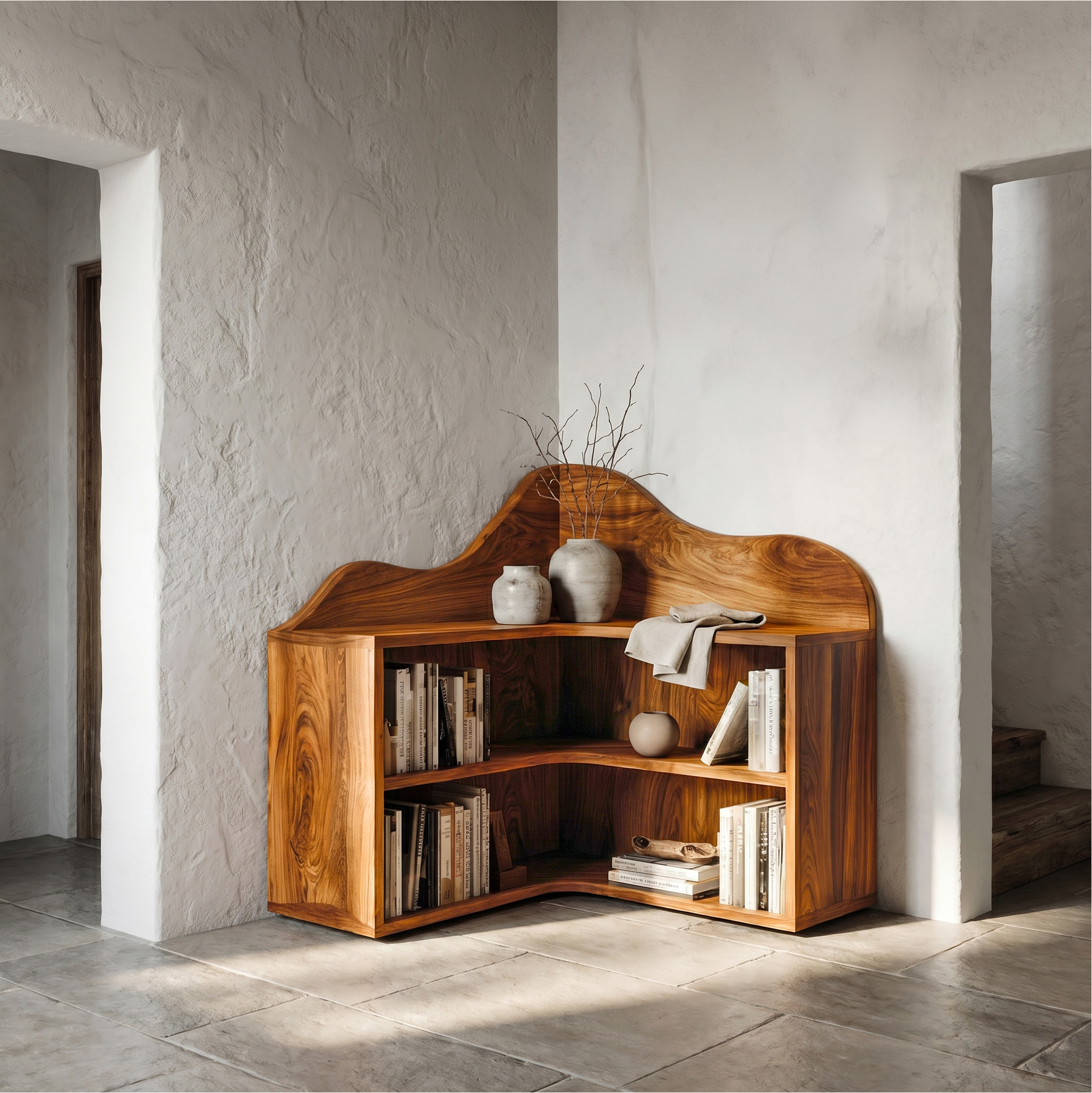 Organic Corner Bookshelf With Sculptural Curved Shelves And Open Storage For Living Room And Bedroom