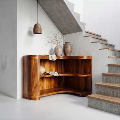 Modern Organic Corner Bookshelf With Solid Wood Open Shelves And Curved Design For Living Room And Bedroom