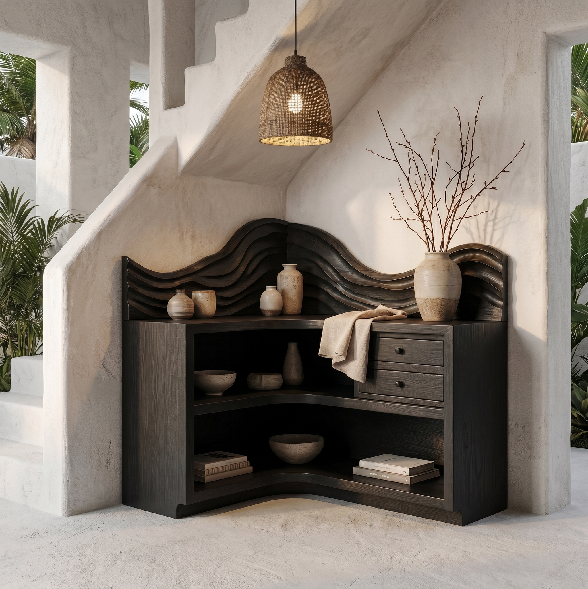 Rustic Corner Bookshelf With Arched Open Shelves And Drawer Storage For Living Room And Bedroom