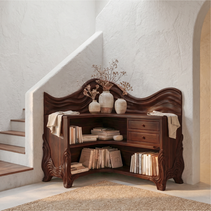 Rustic Wave Top Corner Bookshelf With Sculptural Wooden Shelves And Open Storage For Living Room And Bedroom