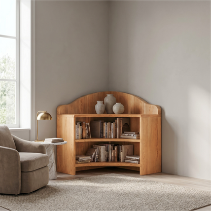Minimal Corner Bookshelf With Clean Wooden Structure For Living Room