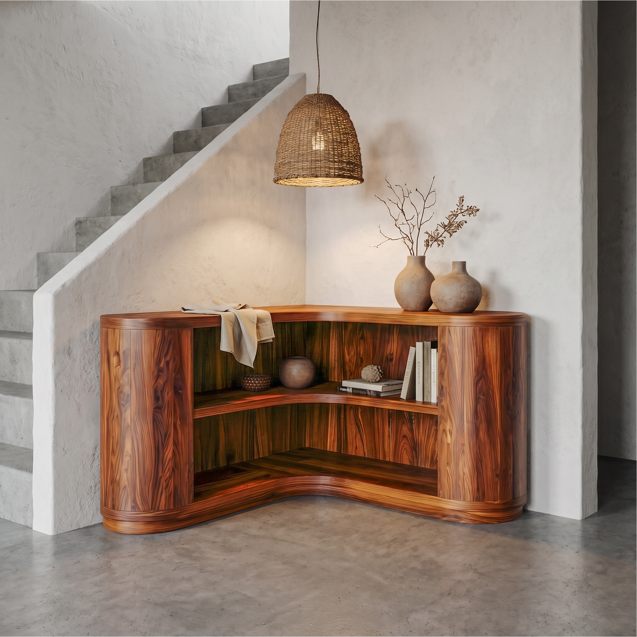 Scandinavian Corner Bookshelf With Simple Wooden Structure For Living Room