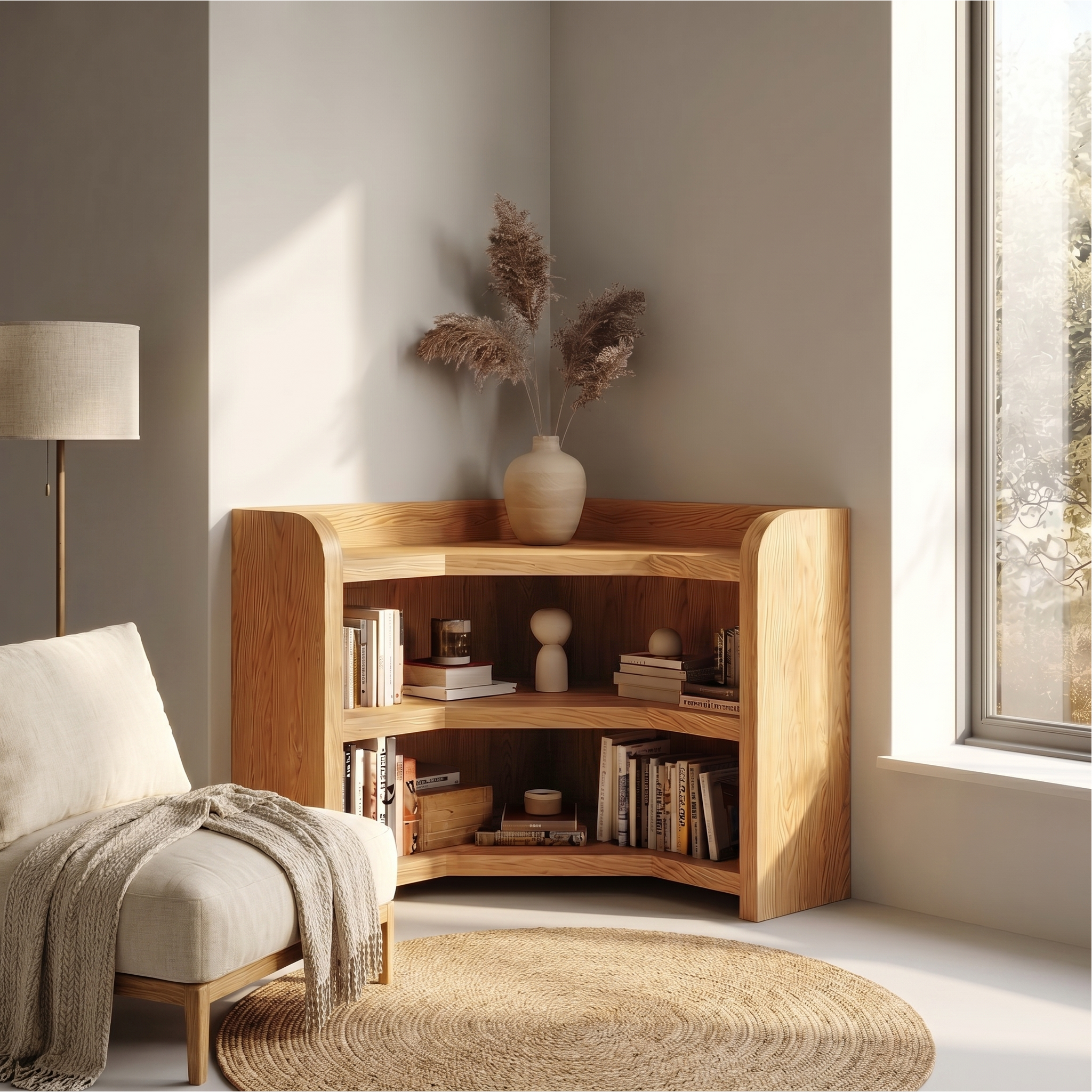 Natural Wooden Bookshelf With Rounded Edges And Open Shelves For Living Room And Bedroom