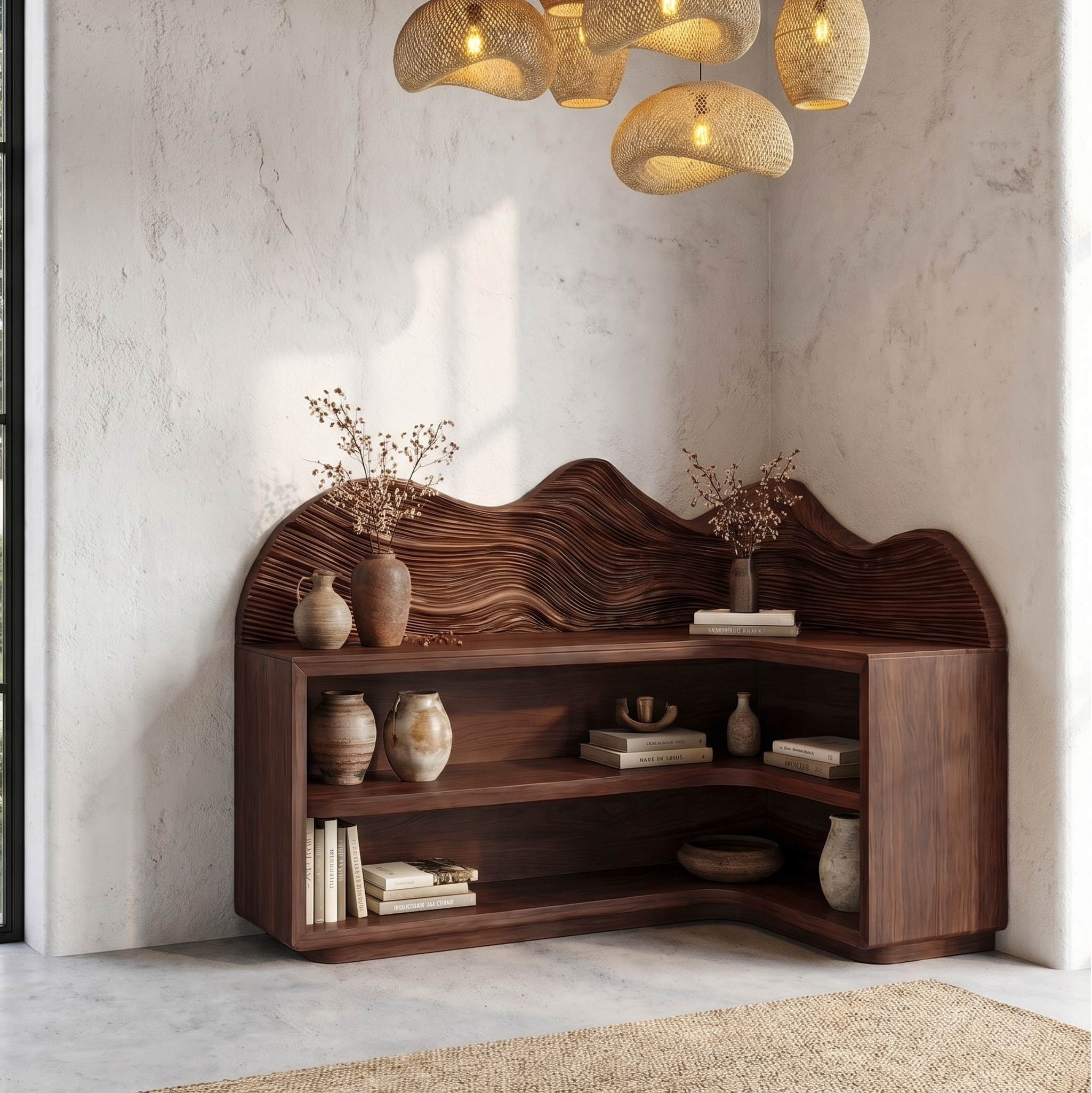 Contemporary Corner Bookcase With Sculptural Wooden Shelves For Living Room