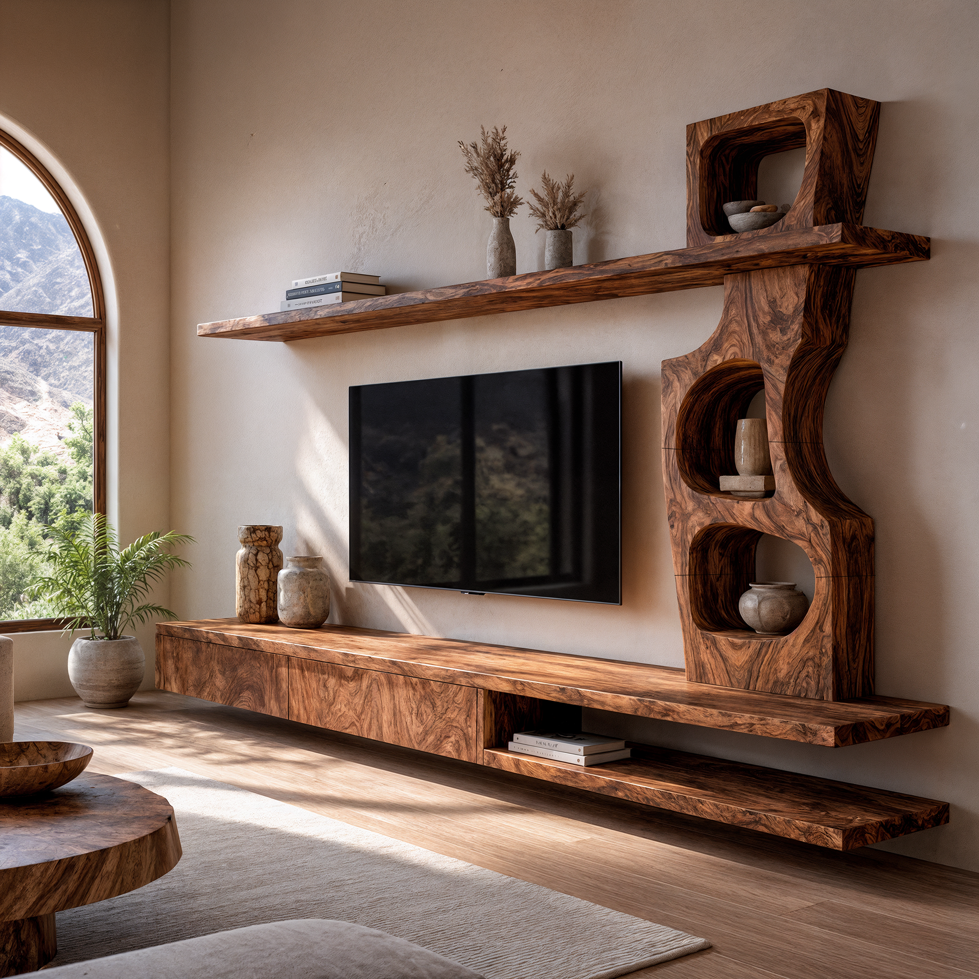 Sculptural TV Cabinet With Tree Inspired Storage Shelves For Living Room