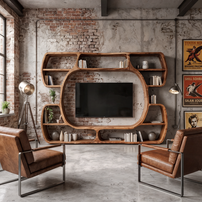 Organic Entertainment Center With Sculptural Surround Shelves For Living Room