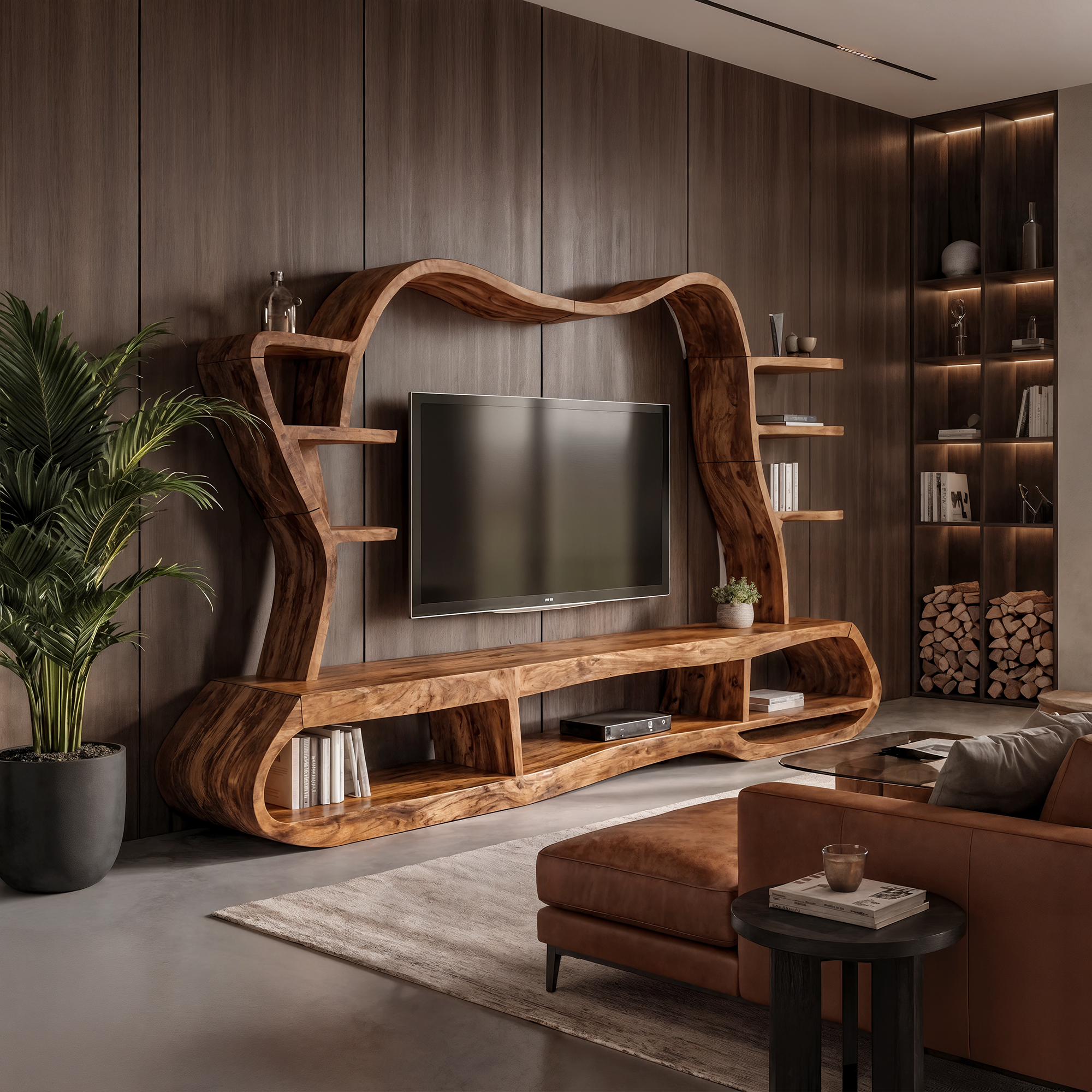 Modern Entertainment Center With Sculptural Curved Shelving For Living Room