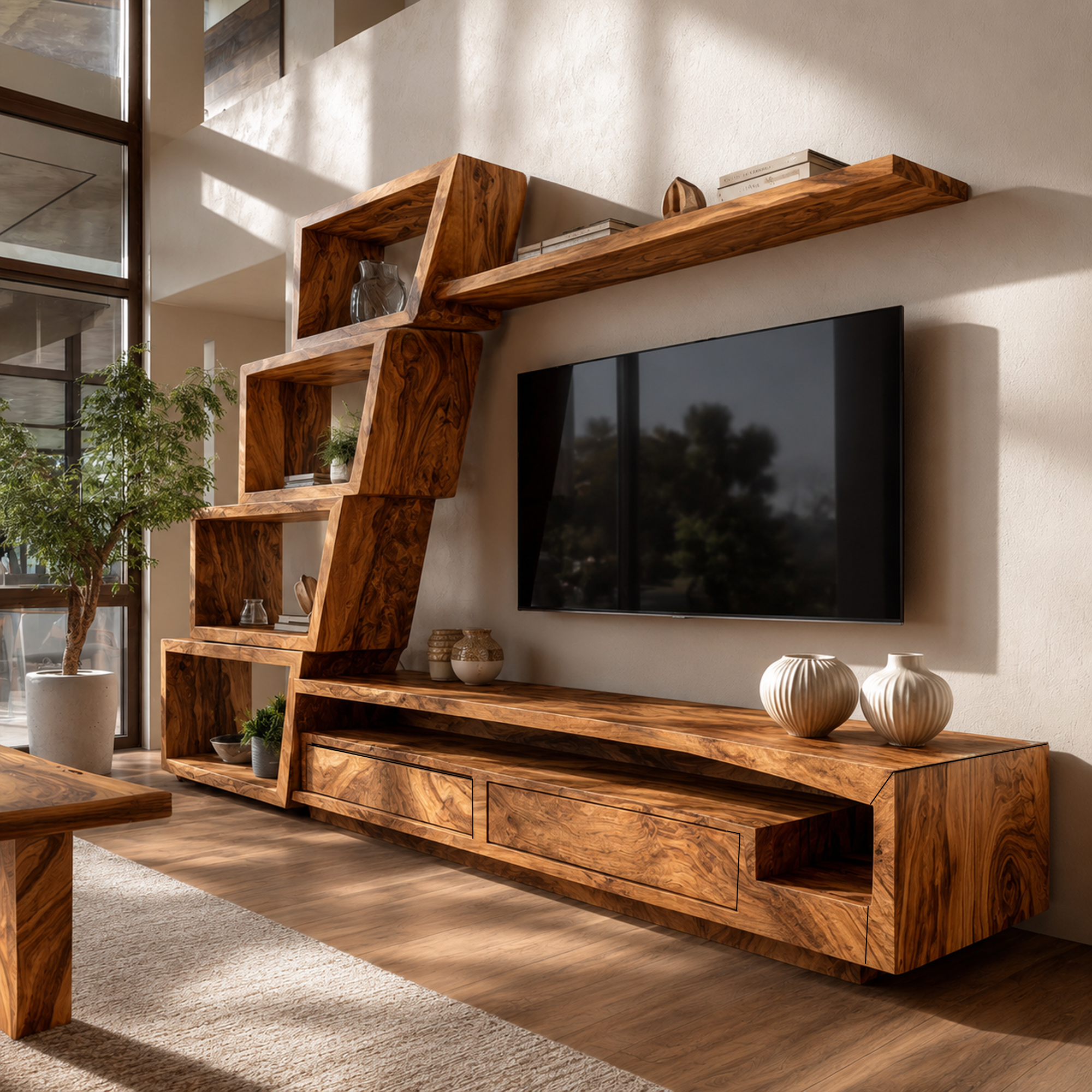 Organic TV Cabinet With Artistic Open Shelving System For Living Room