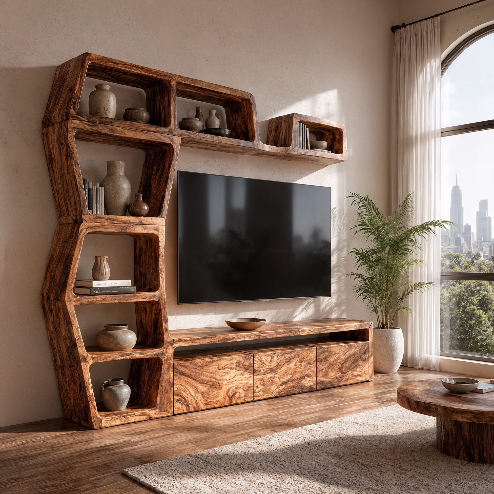 Contemporary Entertainment Center With Integrated Display Shelves For Living Room