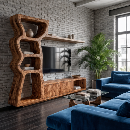 Modern TV Cabinet With Curved Built In Display Shelves For Living Room