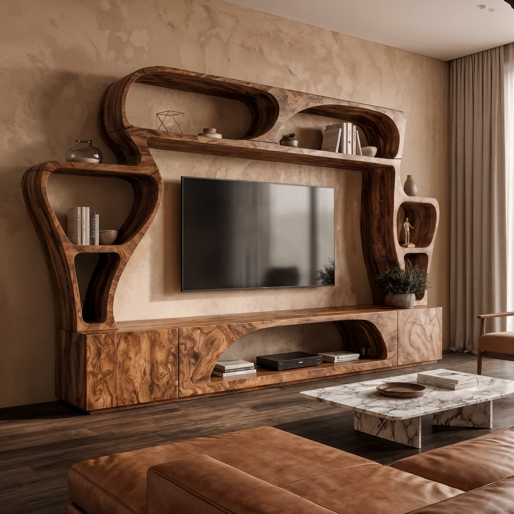 Statement TV Console With Sculptural Wall Storage System For Living Room