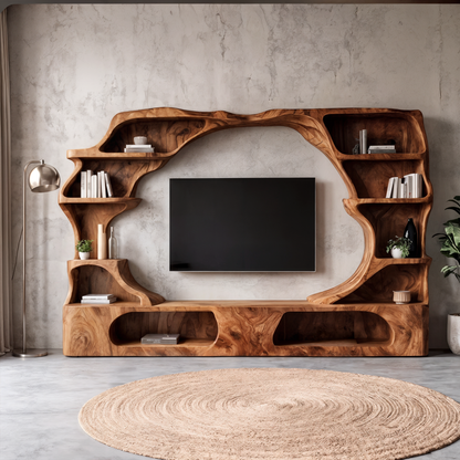 Nature Inspired Entertainment Center With Organic Display Shelves For Living Room