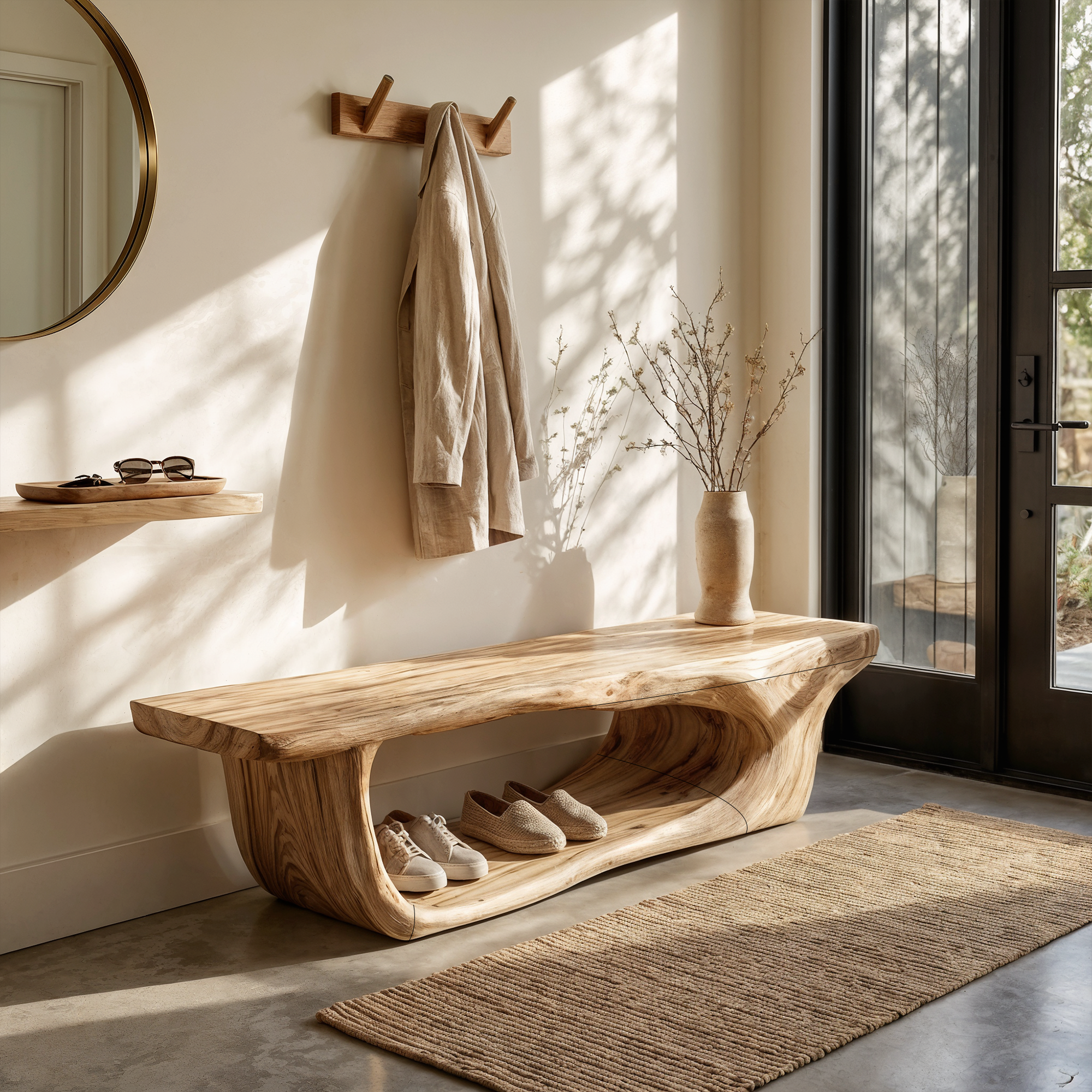 Organic Shoe Bench With Open Shoe Storage For Entryway