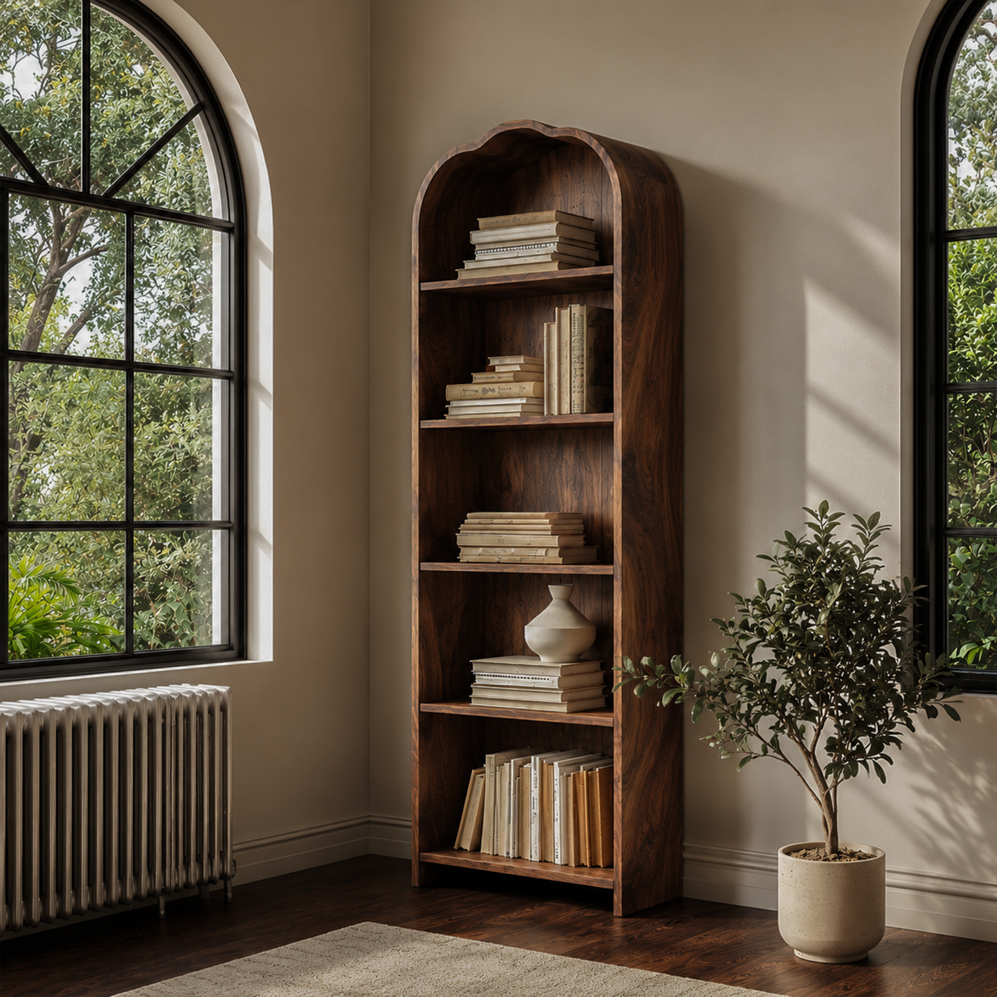 Rustic Arched Bookshelf With Solid Wood Frame And Open Display Shelves For Living Room
