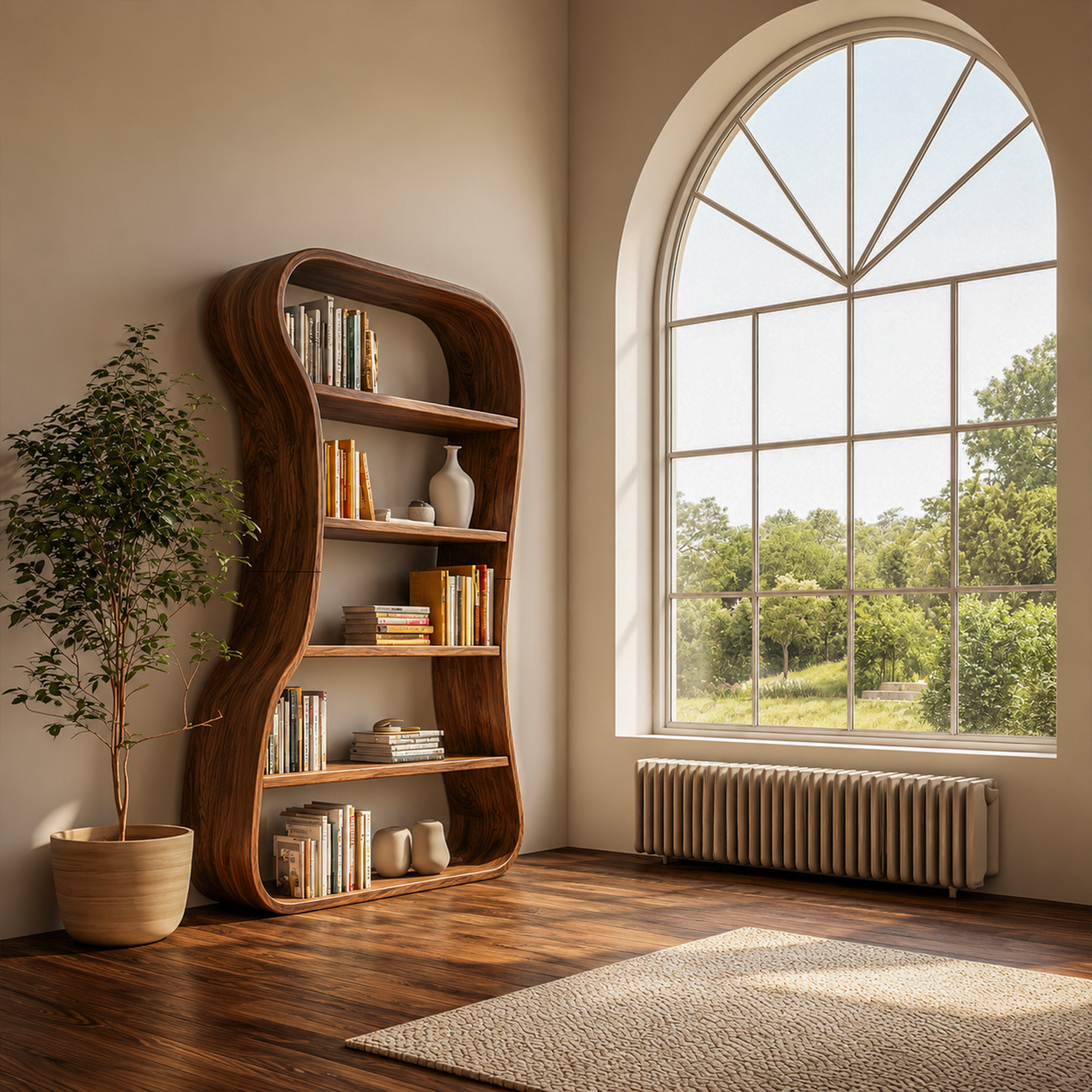 Organic Bookshelf With Sculptural Curved Solid Wood Shelves For Living Room