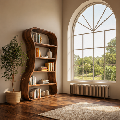 Organic Bookshelf With Sculptural Curved Solid Wood Shelves For Living Room