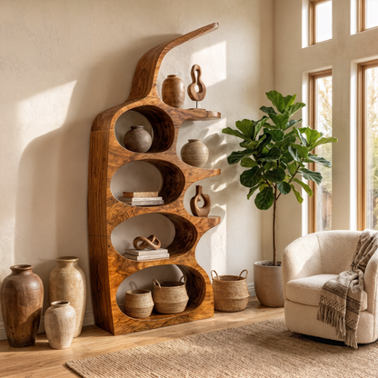 Modern Sculptural Bookshelf With Curved Open Shelves And Solid Wood Design For Living Room