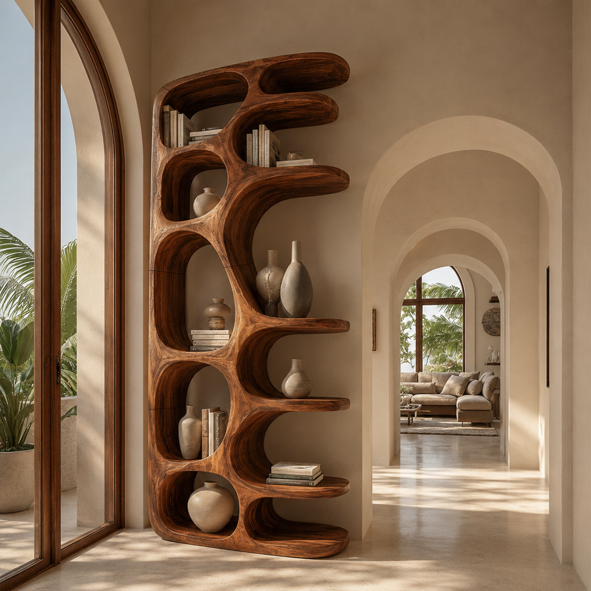 Minimalist Sculptural Bookshelf With Solid Wood Construction For Living Room