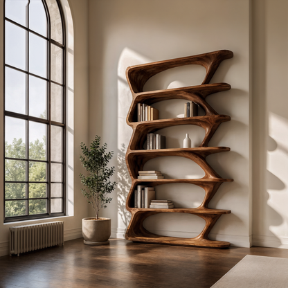 Modern Organic Bookshelf With Sculptural Asymmetrical Shelves And Solid Wood Frame For Living Room
