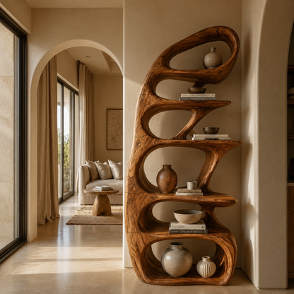 Sculptural Bookshelf With Tree Inspired Curved Shelves And Solid Wood Frame For Living Room