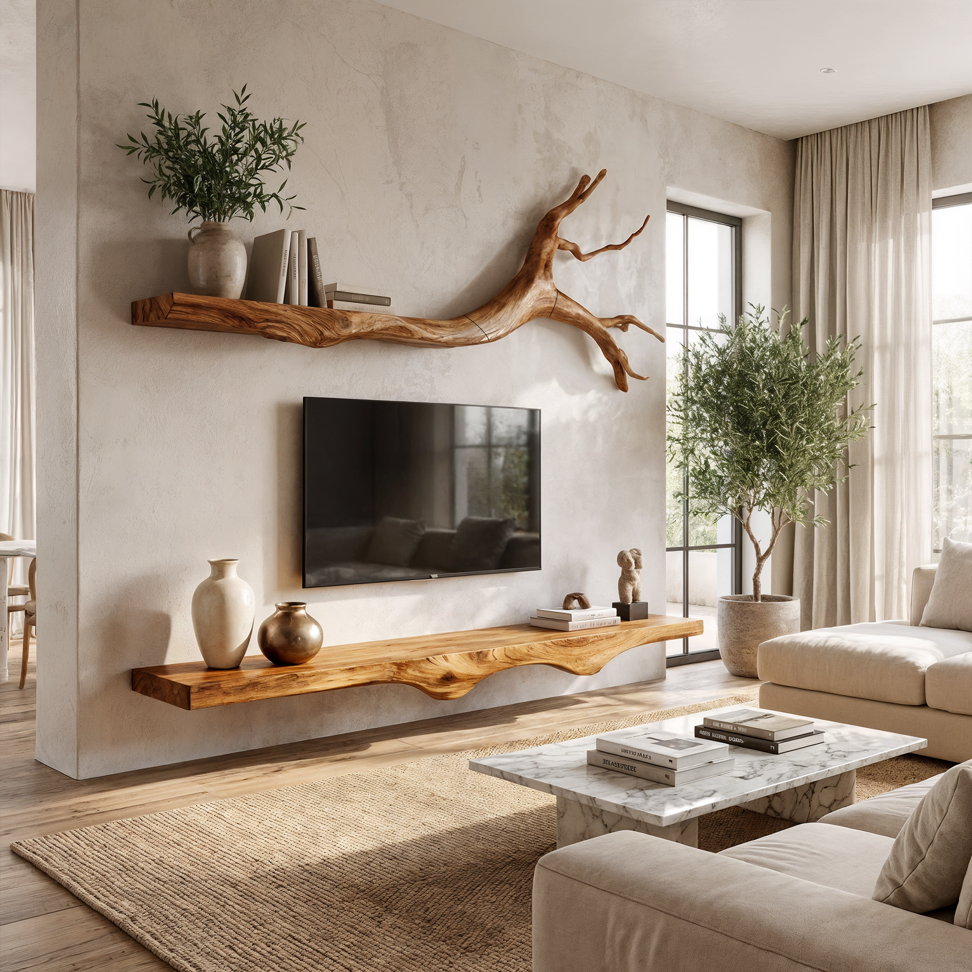 Set 2 Pieces Rustic Floating Wall TV Console Solid Wood Bedroom Living