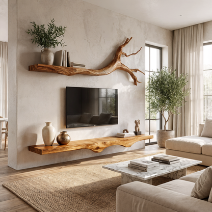 Set 2 Pieces Rustic Floating Wall TV Console Solid Wood Bedroom Living