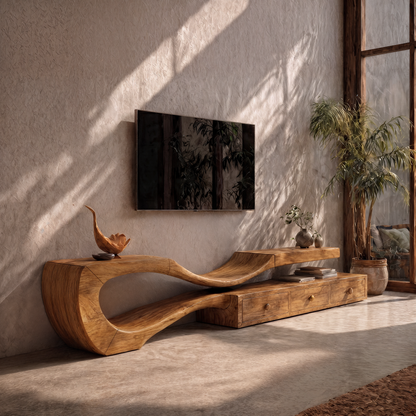 Modern TV Cabinet With Sculptural Curved Wood Base And Built In Storage Drawers For Living Room