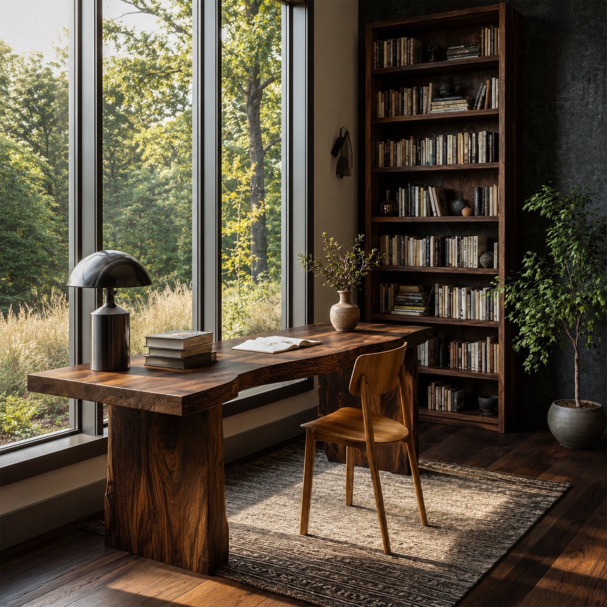 Rustic Desk With Live Edge Top And Sculptural Tree Stump Base For Home Office