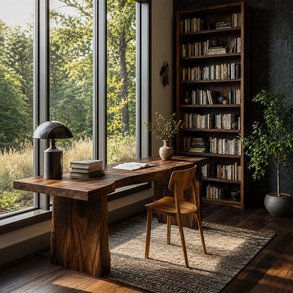 Rustic Desk With Live Edge Top And Sculptural Tree Stump Base For Home Office