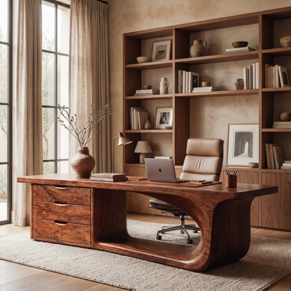Rustic Executive Desk With Sculptural Solid Wood Base And Integrated Storage For Home Office