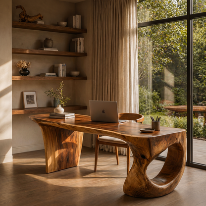 Contemporary Desk With Sculptural Loop Wood Base And Solid Wood Top For Home Office And Workspace