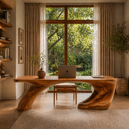Modern Organic Desk With Sculptural Curved Wood Base And Solid Wood Top For Home Office And Workspace