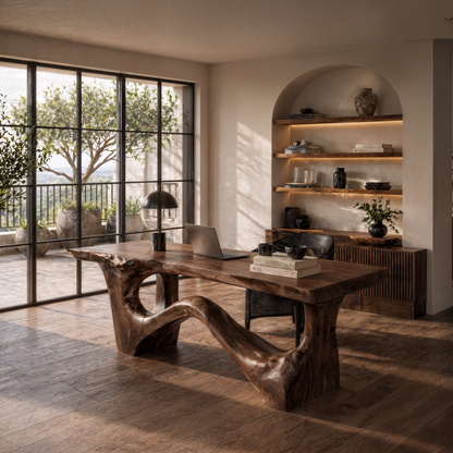 Organic Sculptural Desk With Asymmetrical Wood Base And Solid Wood Top For Home Office And Workspace