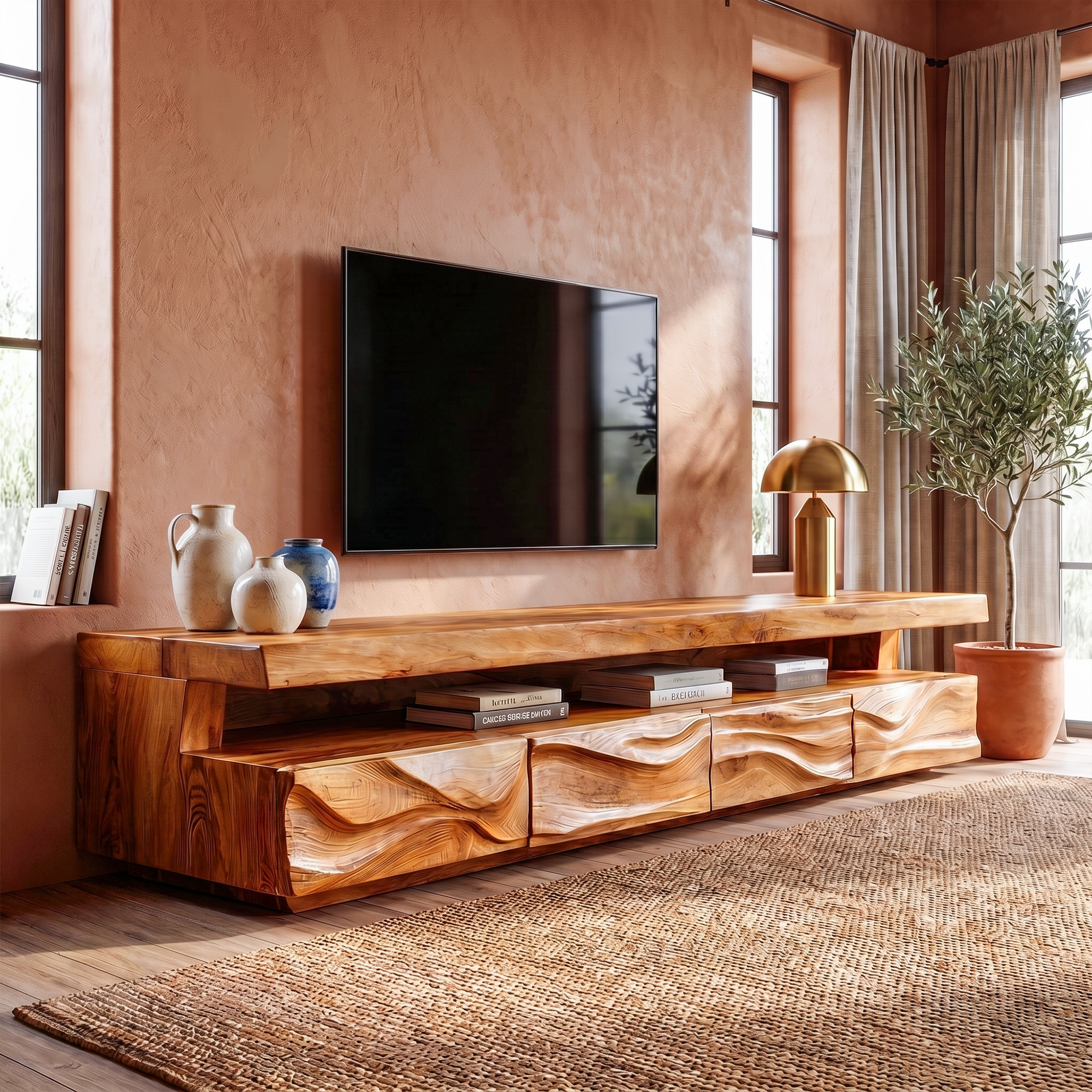 Modern TV Stand With Hand Carved Solid Wood Front And Media Storage For Living Room