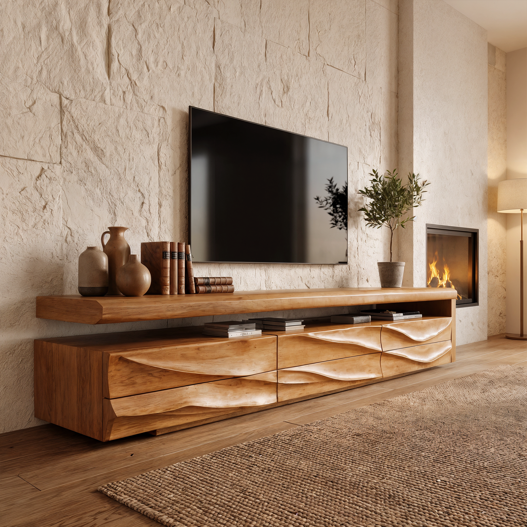 Organic Modern TV Cabinet With Handcrafted Solid Wood Design For Living Room