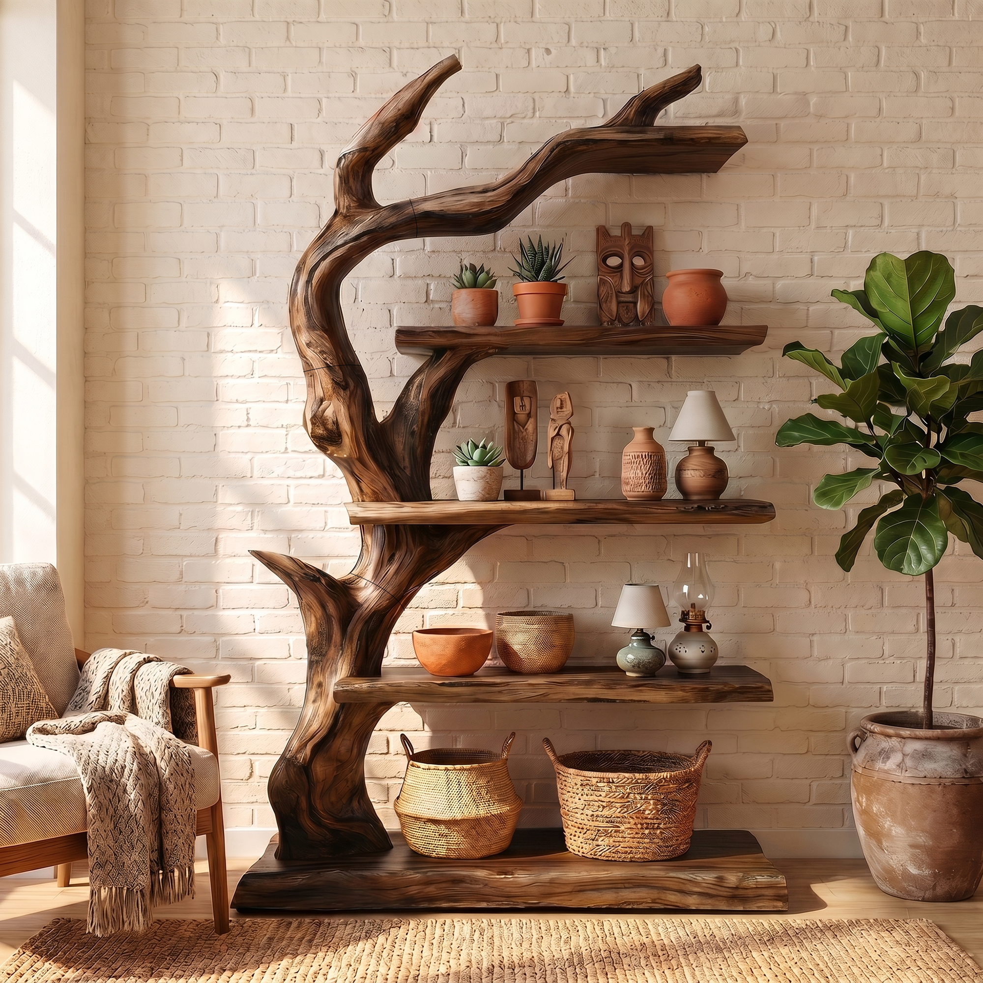Rustic Tree Bookshelf With Handcrafted Branch Design And Open Display Shelves For Living Room