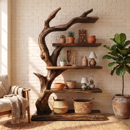Rustic Tree Bookshelf With Handcrafted Branch Design And Open Display Shelves For Living Room