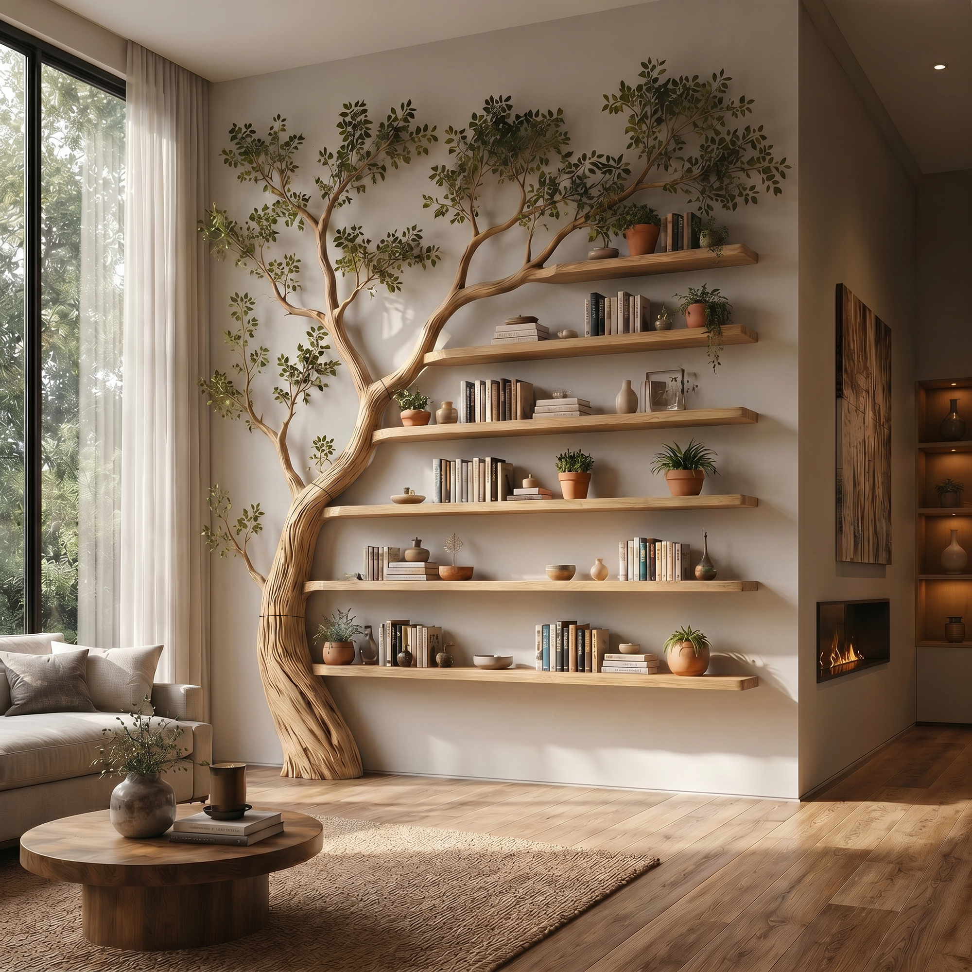 Rustic Tree Display Shelf Modern Living Room