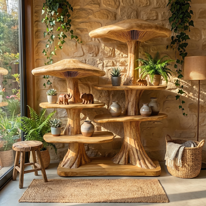 Mushroom Tree Bookshelf With Handcrafted Solid Wood Structure For Reading Corner