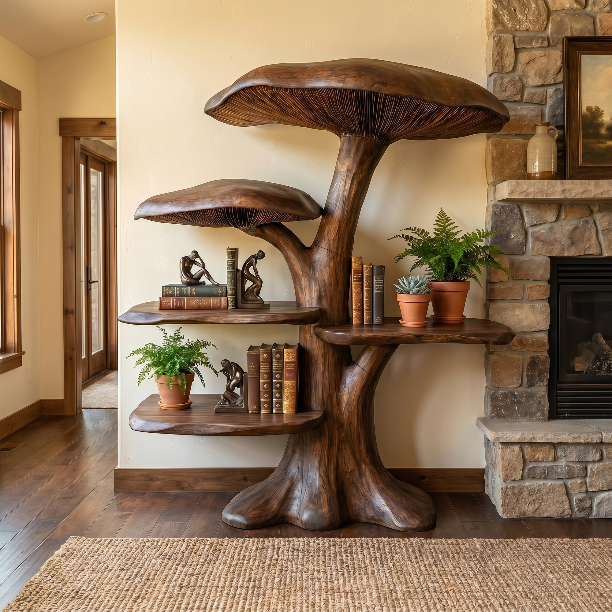 Organic Mushroom Shelf With Sculptural Solid Wood Form For Living Room