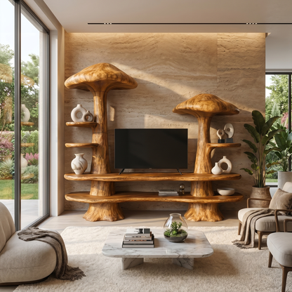 Rustic Mushroom TV Cabinet With Open Display Storage And Media Console For Living Room