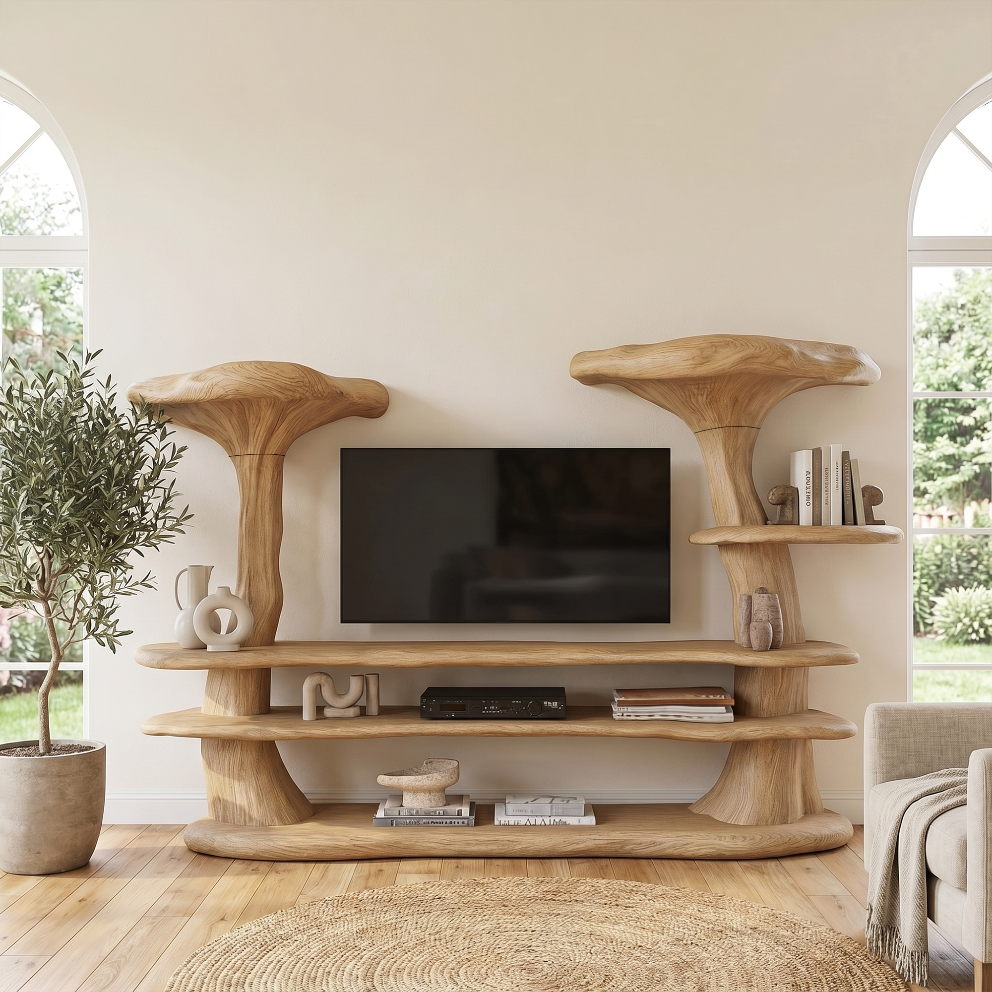 Organic Mushroom TV Stand With Sculptural Solid Wood Design For Living Room