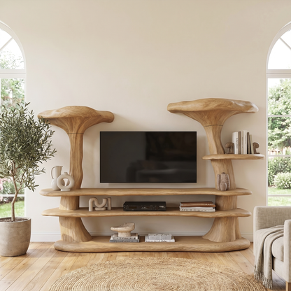 Organic Mushroom TV Stand With Sculptural Solid Wood Design For Living Room