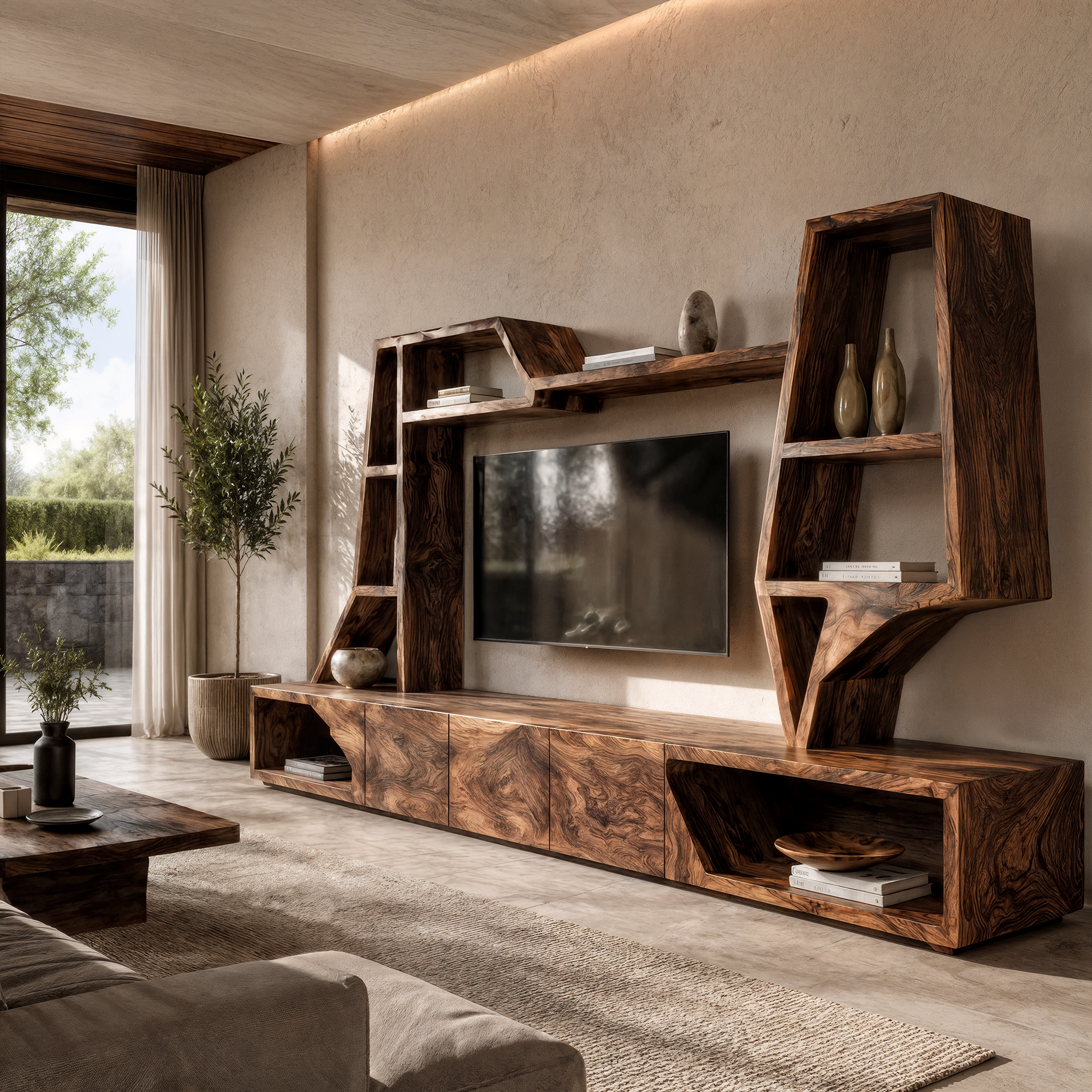 Organic TV Cabinet With Sculptural Branch Shelving And Wall Mounted Storage For Living Room