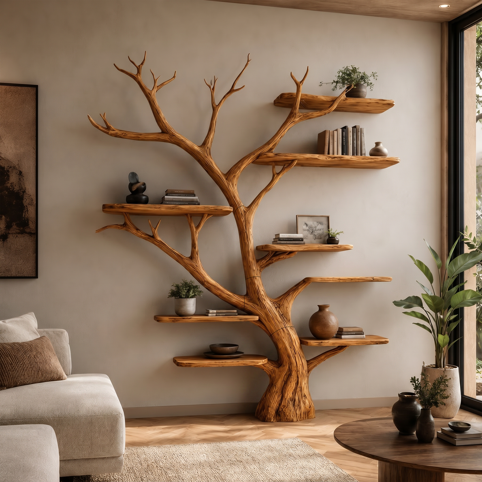 Rustic Tree Wall Bookshelf Entryway Study