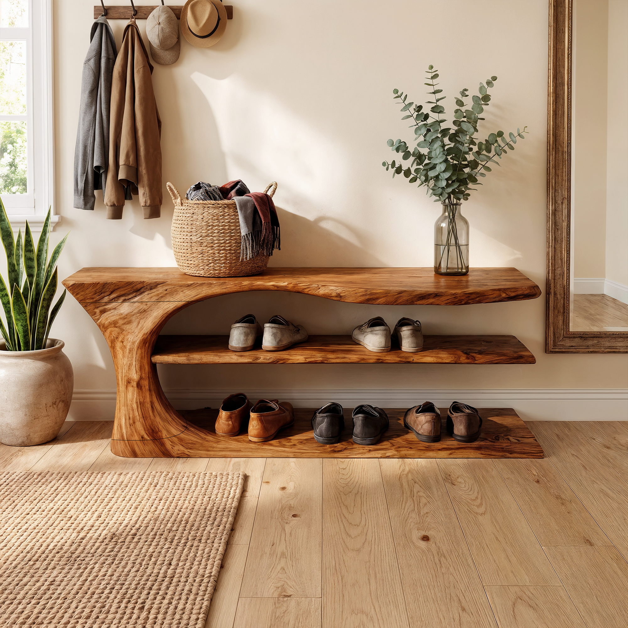 Mid Century Handcrafted Wooden Shoe Storage Bench Home